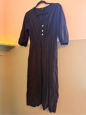 SHEIN Black V-Neck Button Midi Dress with Puff Sleeves